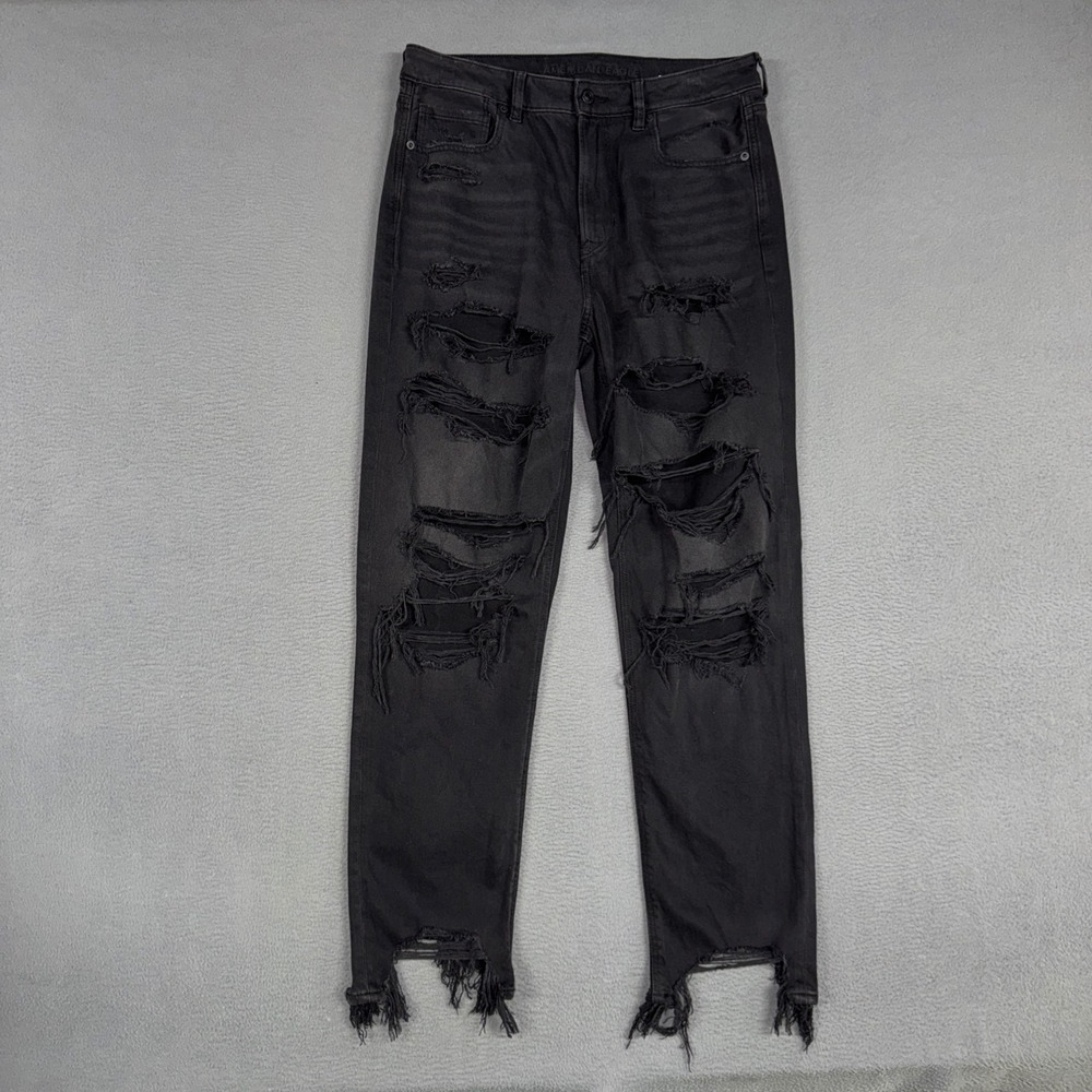 American Eagle Jeans Womens 12 Long Black Mom Distressed High Rise Frayed Hem